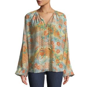 ELIZABETH & JAMES Chance Ruched-Neck Long-Sleeve Printed Silk floral Boho Blouse